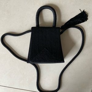 Black Unique Cord Top Handle Bag with Tassel and Crossbody Strap